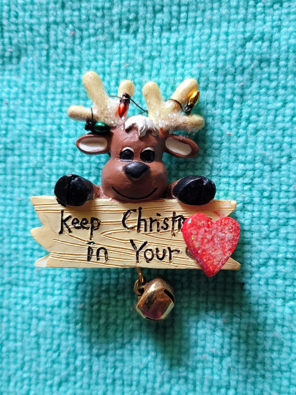 Brown Reindeer Holiday Pin with Red Heart